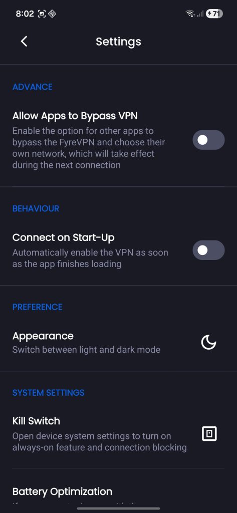 تنظیمات فیلترشکن FyreVPN 