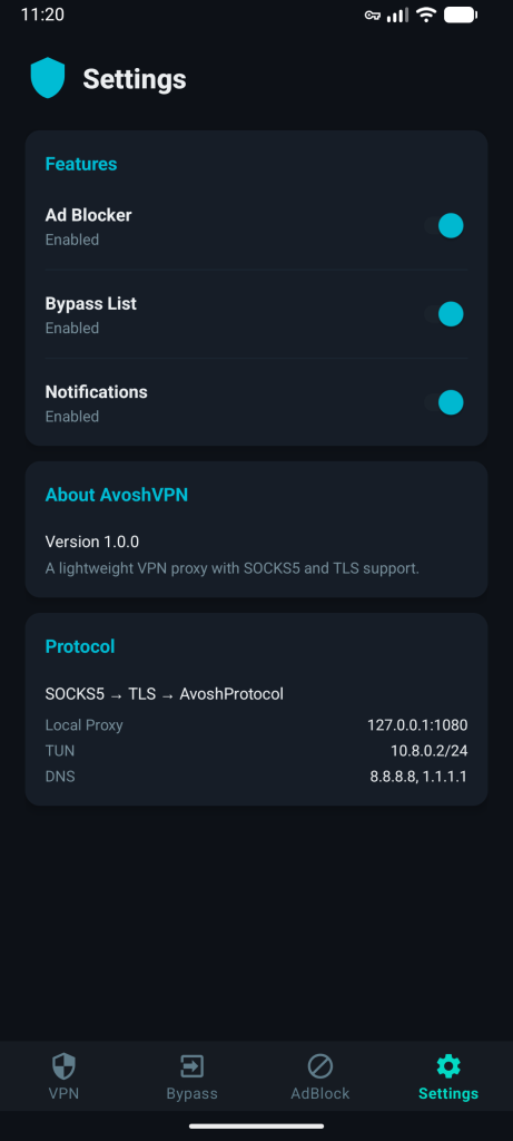 تنظیمات فیلترشکن AvoshVPN