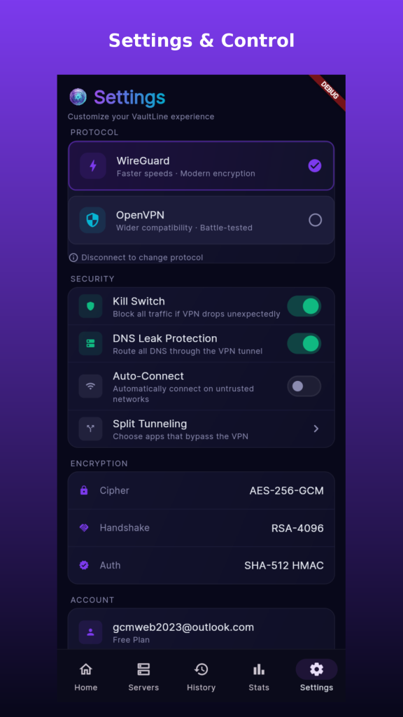 تنظیمات فیلترشکن Vaultline VPN