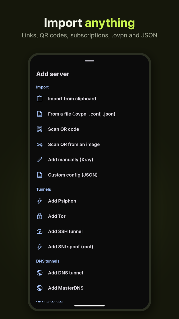 افزودن کانفیگ در فیلترشکن ZedSecure VPN